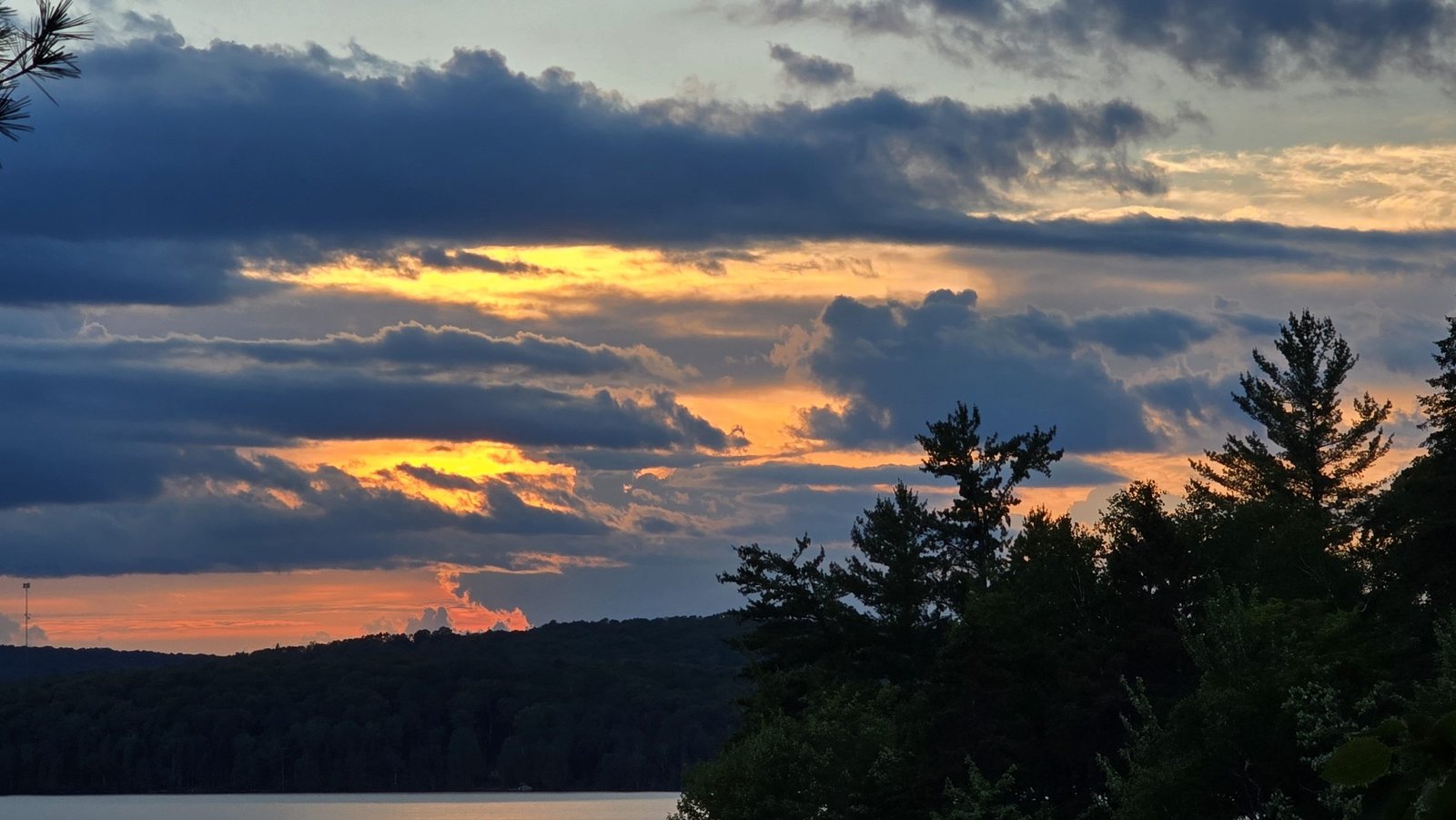 Sunset glowing through storm clouds over the pines